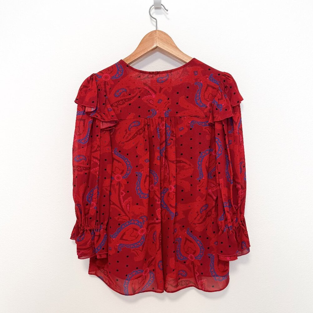 Ted Baker MiB Engels Red Ruffle Self Tie Crepe Paisley Print Blouse Size 1 Small - Picture 2 of 11